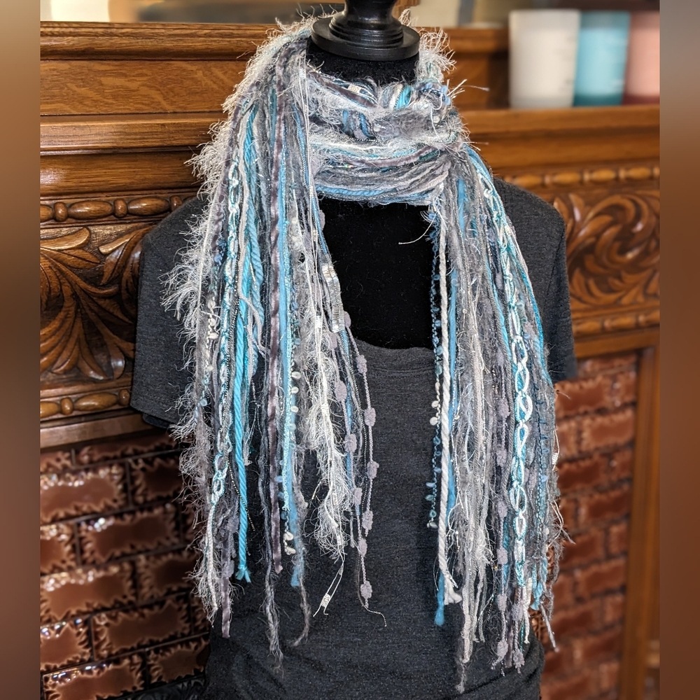 SOLD Fringe Scarf Blue Aqua Turquoise Silver Gray White Boho Vibes New - Picture 1 of 5